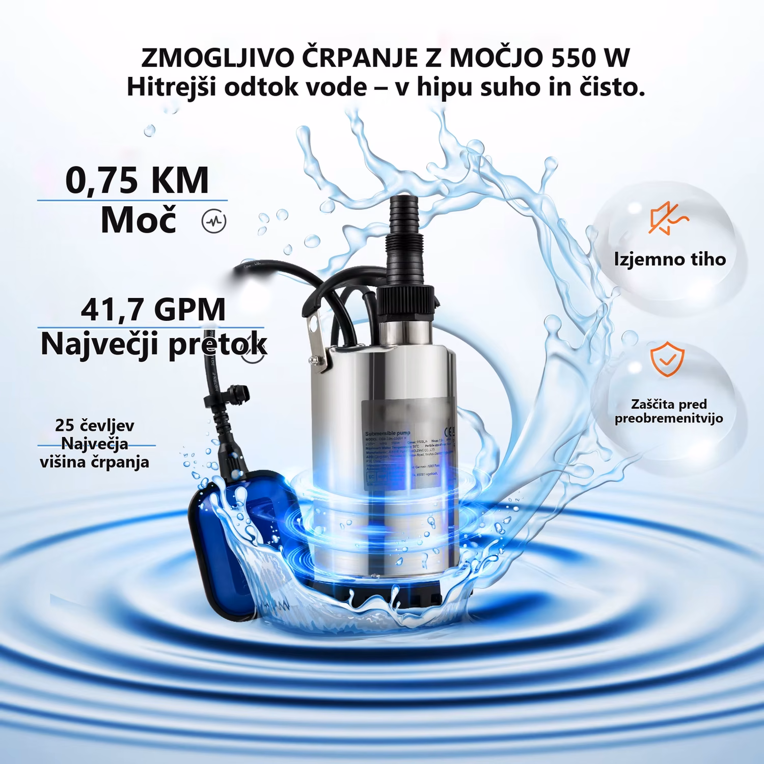 Potopna črpalka za odpadno vodo 550–2200 W – galerijska slika 1