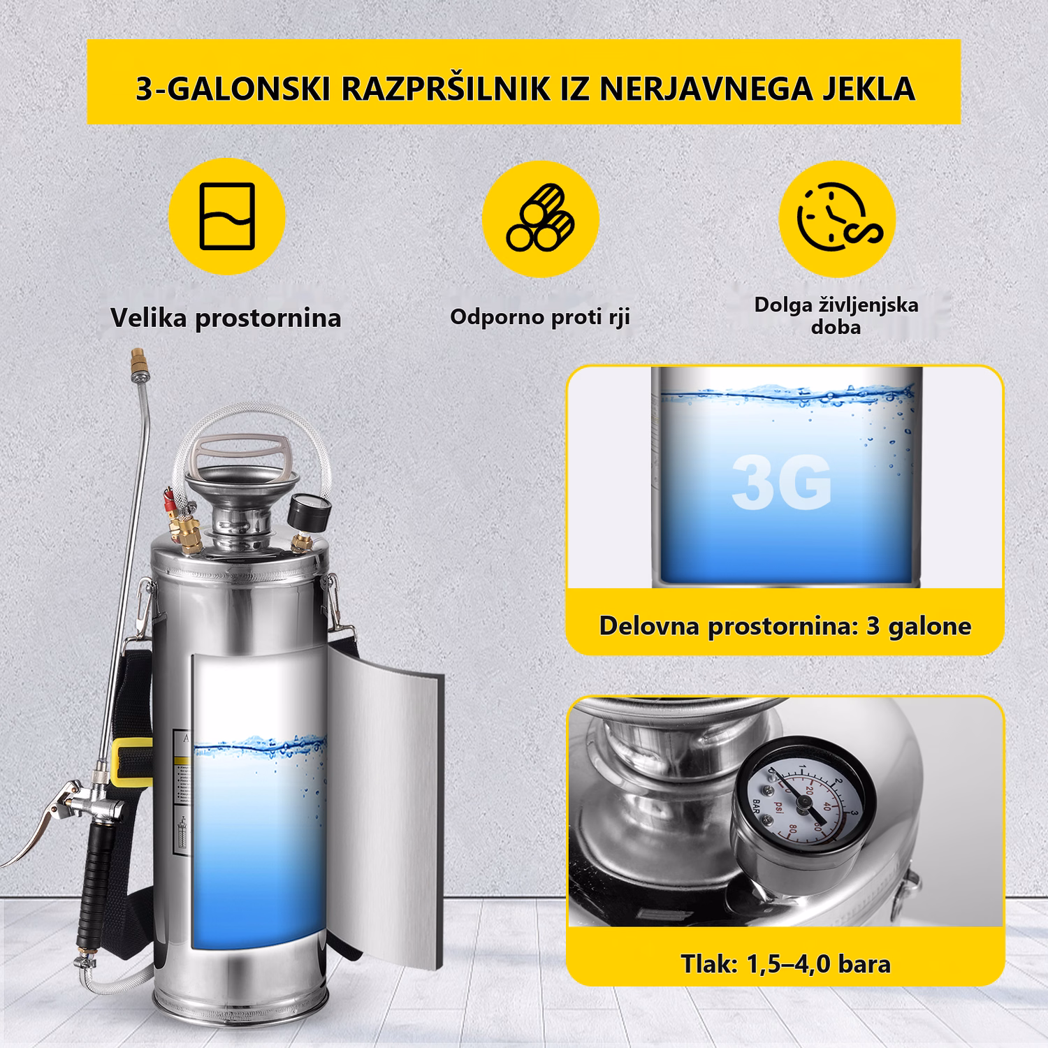 Ročni tlačni razpršilec iz nerjavnega jekla 8 L – podrobnosti izdelka 10